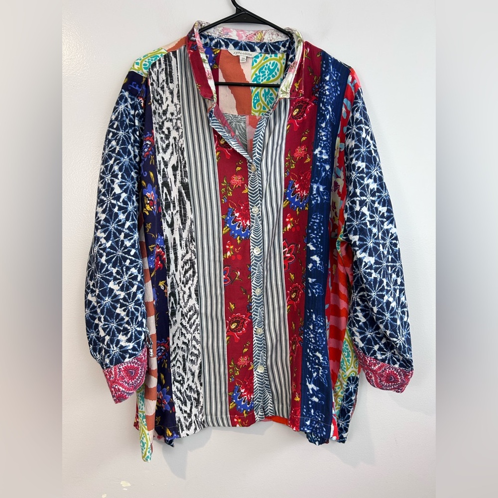 John Mark Multicolor Mixed Print Floral/Striped Colorful Button Down Shirt 2X